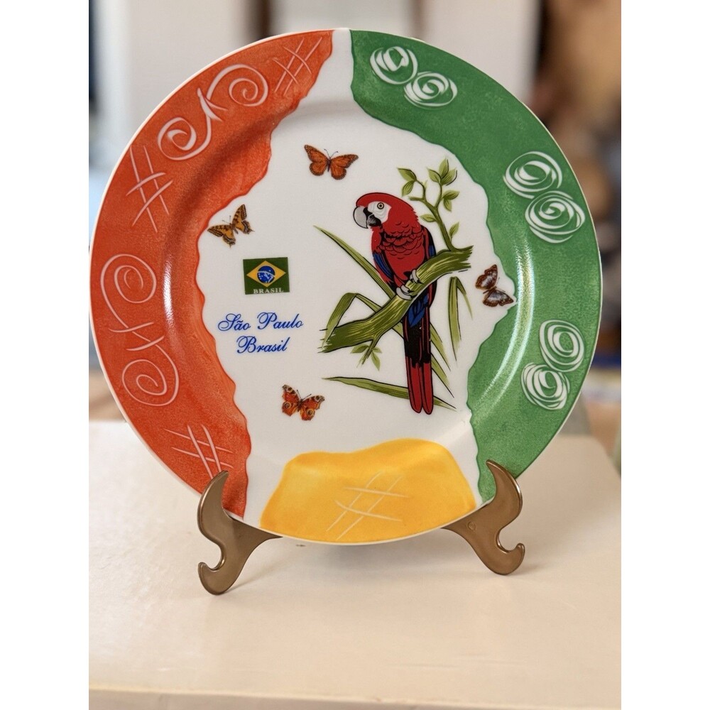 Vintage Germer Porcelanas Brazil Plate Hand Painted Sao Paulo Macaw Parrot